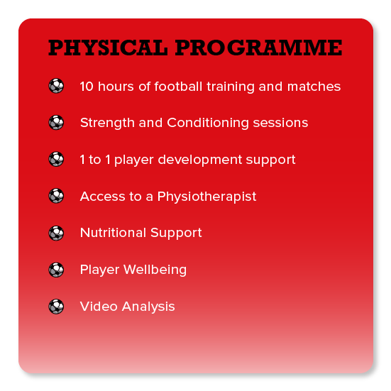 Physical Programme  10 hours of football training and matches Strength and Conditioning sessions Access to a Physiotherapist Video Analysis 1 to 1 player development support Nutritional Support Player Wellbeing